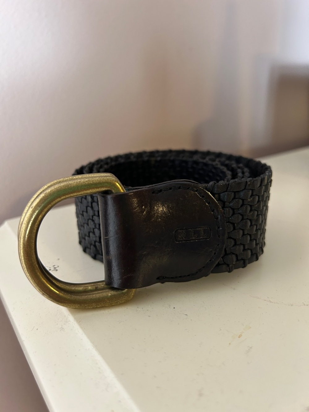 Ralph Lauren RLL Black Woven Leather Belt with Brass D-Ring size L